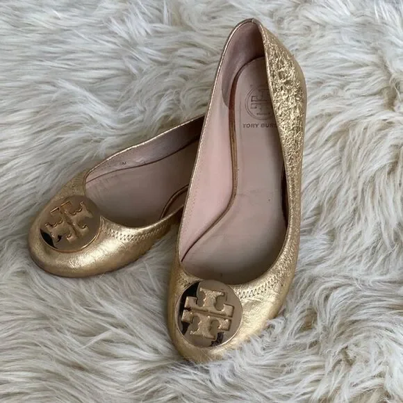 Tory Burch MINNIE TRAVEL BALLET Gold Flats sz 8M- Preowned - Picture 4 of 16